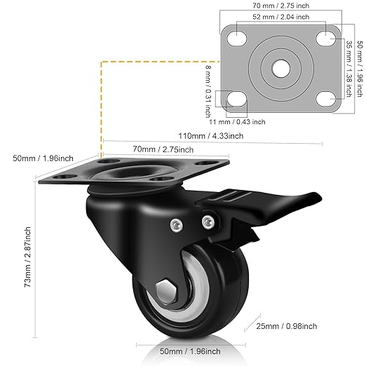 QNCZ Caster Wheels, 2" Caster Set of 4, Heavy Duty Casters and Silent Polyurethane Wheels, Swivel Plate Castor Wheels for Cart, Black, 4 Pack