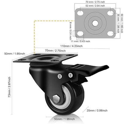QNCZ Caster Wheels, 2" Caster Set of 4, Heavy Duty Casters and Silent Polyurethane Wheels, Swivel Plate Castor Wheels for Cart, Black, 4 Pack