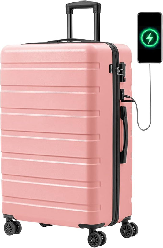 AnyZip Suitcase Hardside PC ABS Lightweight USB Luggage with Wheels TSA Lock Checked-Large 28 Inch Pink