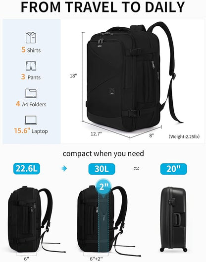 ECOHUB Carry On Travel Backpack, Expandable Airlines Personal Item Bag 18x14x8, Water Resistant 17 inch Laptop Backpack Flight Approved, 12 Pockets 30L Work Backpacks with Wet Pocket & Cable Slot