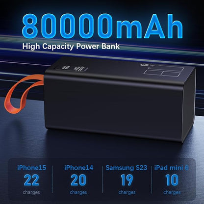 High Capacity Power Bank 80000mAh with LED Display, 30W PD & QC 3.0 Fast Charging Portable Charger, 5 Output 2 Input USB-C Battery Pack for Phone Outdoor Camping Travel Office