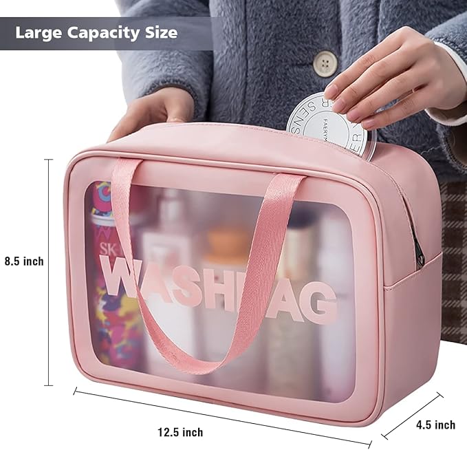 Travel Toiletry Bag for Women, Matte Translucent Toiletry Bag with Handy Handle, Makeup Cosmetic Organizer Bag for Travel Toiletries Accessories (Pink)