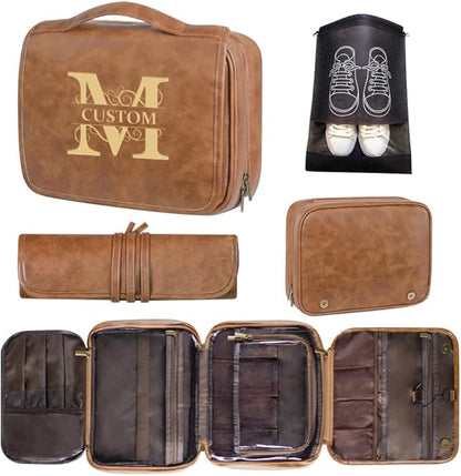 HDSD Custom 3-in-1 PU Leather Toiletry Bag For Men Personalized Hanging Travel Organizer Bag for Father Husband Boyfriend (Yellowish brown)
