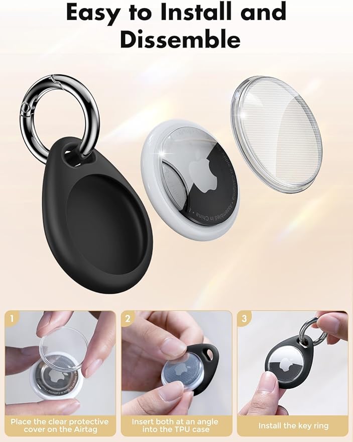 UNBREAKcable Holder for Apple AirTag [Fit Tightly Design] [Easy to Install] [Hold Air Tag Securely] Waterproof TPU Shell Case with All Metal Keychain Key Ring Clip, 4 Pack, Black