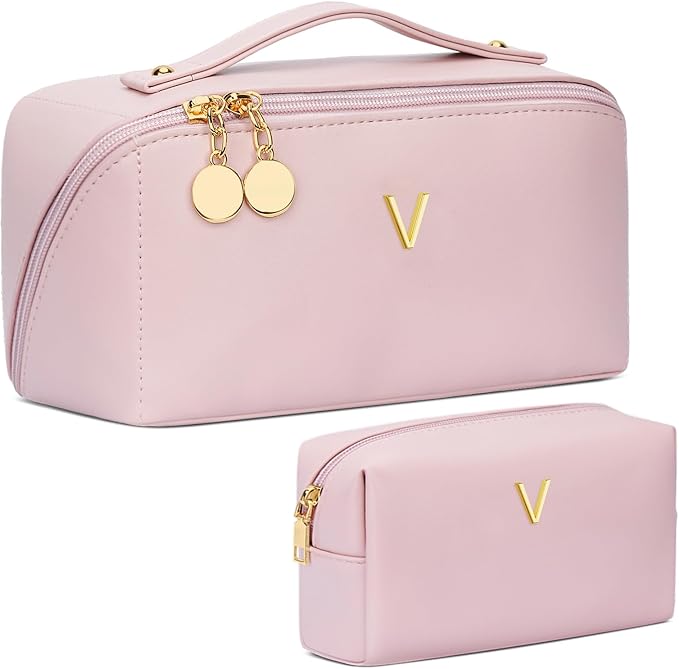 Birthday Gifts for Women Teen Girl, Personalized Initial Makeup Organizer Bag Set, Open Flat Travel Cosmetic Bag With Clear Divider and Handle(Pink,V)