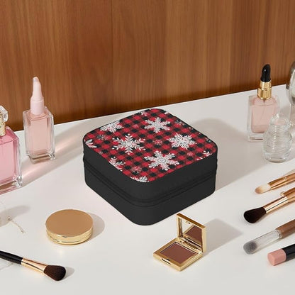 Travel Jewelry Case, Christmas Red Black Plaid Snowflake Jewelry Box With Mirror, Small Portable Display Organizer Storage Box Mini Travel Essentials Gifts For Women Rings Earrings Necklaces Bracelets