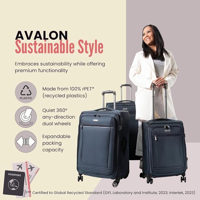 Ricardo Beverly Hills Avalon Softside Medium Check-In Luggage Made with Sustainable 100% Recycled PET (rPET), Lightweight, Eco-Friendly Travel, Expandable, Dual Spinner Wheels, Juniper Green, 24-inch