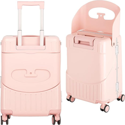 smilesun 20" Carry On Luggage with Seat For Kids & Adults，Hardside Ride On Suitcase with 360°Spinner and TSA Lock For Travel(Light Pink, 20-in)