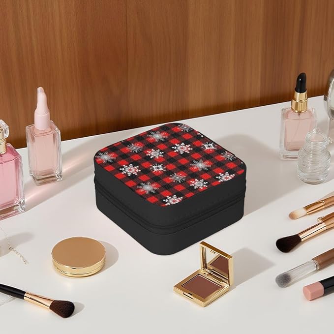 Red Black Plaid Snowflake Star Small Travel Jewelry Case Organizer With Mirror, Portable Display Storage Box for Earrings Necklaces, Mini Travel Essentials for Wife, Bridesmaid, Christmas Gift
