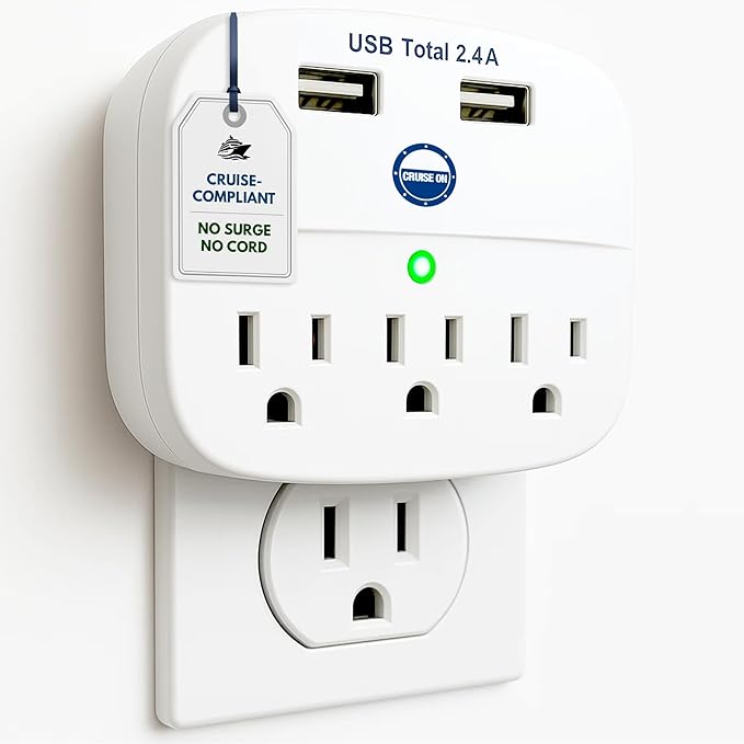 Cruise Approved Power Strip - Non Surge Protector for Cruise Ship with 2 USB Outlets - Cruise Ship Essentials 2025 for Carnival, Princess, Norwegian, Holland America, MSC & Major Cruise Lines (White)