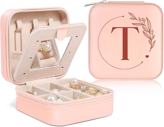 SANDJEST Personalized Jewelry Box, Pink Small Travel Jewelry Box with Initial T, Monogrammed Jewelry Case Organizer for Girls Women Teen, Mini Travel Essentials Gifts for Christmas Birthday