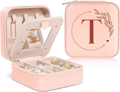 SANDJEST Personalized Jewelry Box, Pink Small Travel Jewelry Box with Initial T, Monogrammed Jewelry Case Organizer for Girls Women Teen, Mini Travel Essentials Gifts for Christmas Birthday