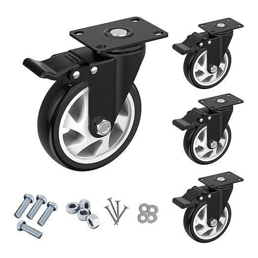 5 Inch Swivel Caster Wheels,Set of 4 Heavy Duty,Black Industrial Casters with Brake, Locking Casters for Furniture and Workbench for Cart,Top Plate Swivel Wheels and Load 2400lbs(Screws and a Spanner)