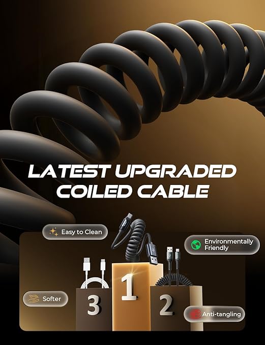 LISEN Coiled USB C Cable, 2 Pack for Android Auto & CarPlay Cable, Short USB A to USB C Cable Compatible with iPhone 17/16/15, Samsung Galaxy S25/S24/S23 A15/A14, Google Pixel 9/8, Space Black 4FT