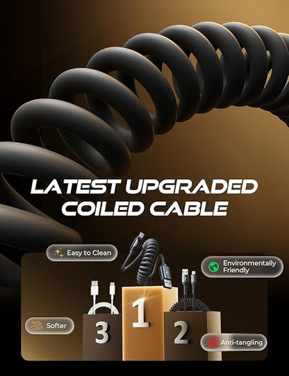 LISEN Coiled USB C Cable, 2 Pack for Android Auto & CarPlay Cable, Short USB A to USB C Cable Compatible with iPhone 17/16/15, Samsung Galaxy S25/S24/S23 A15/A14, Google Pixel 9/8, Space Black 4FT