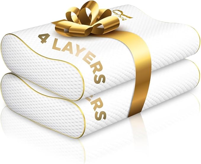 Memory Foam Pillow, Cervical Pillow (2 Pack) 4-Layer Queen, Contour Pillow, Side Sleeper, Neck Support, Pillow for Neck Pain
