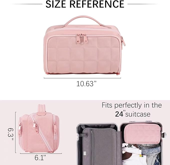 Travel Makeup Bag Large Capacity Cosmetic Organizer Bag for Women,Flat-Opening Make Up Case Travel Bag Waterproof Toiletry Bag for traveling,Toiletries,Essentials,Accessories,Pink