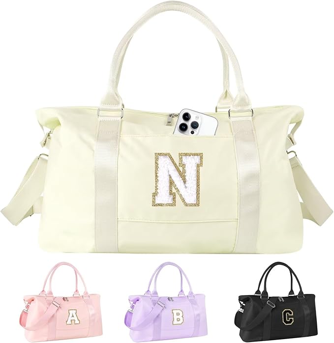 Dance Gym Duffel Bag for Teen Girls, Personalized Initial Travel Weekender Bag,Cute Overnight Carry On Duffle for Women,Sports Travel Cheer Bag,Monogram Christmas Gifts for Tween Preppy(beige-N)
