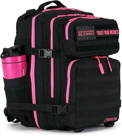 WOLFpak 35L Athletic Gym Backpack - Durable 1000D Waterproof Oxford Material with MOLLE Webbing, Laptop Pocket & Dual Cup Holders, Durable Fitness/Travel/Military Daypack (Black Neon Pink)