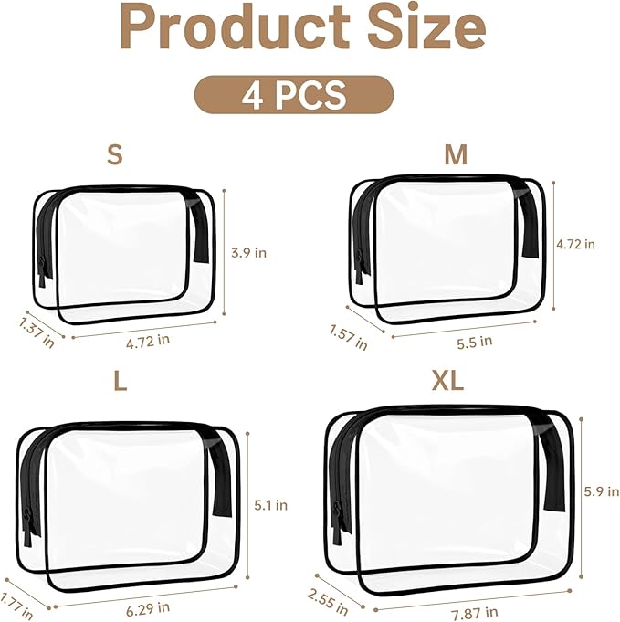 4 Pcs Clear Toiletry Bag, Portable Makeup Cosmetic Bags Pouch with Zipper, PVC Clear Travel Pouch for Women Men - Black