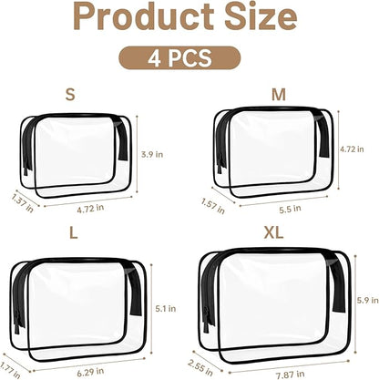 4 Pcs Clear Toiletry Bag, Portable Makeup Cosmetic Bags Pouch with Zipper, PVC Clear Travel Pouch for Women Men - Black