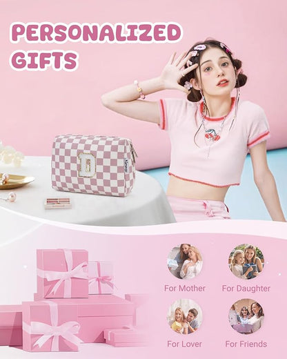 Narwey Birthday Gifts for Teen Girls Kids Women Personalized Initial Checkered Makeup Bag Pink Monogram Cosmetic Bag Trendy Stuff 6 8 10 11 12 13 14 16 18 Years Old Travel Toiletry Bag (Dusty Rose D)
