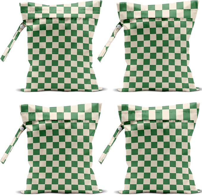 4 Pack Cute Wet Bag Waterproof Washable Reusable Wet Dry Bag for Swimsuit Clothes Cloth Diaper Travel Beach Pool Yoga Gym Christmas Party Camping Toiletries Travel Beach Essentials, Green Checkered