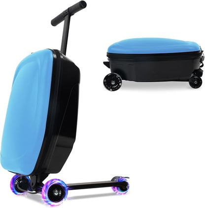 Apelila 20" Scooter Suitcase for Kids, 2-in-1 Ride On Luggage with Wheels for Boys & Girls Ages 4-15, Foldable Hardshell Carry On Lightweight Travel Suitcase for Airplane (Light Blue W/LED)