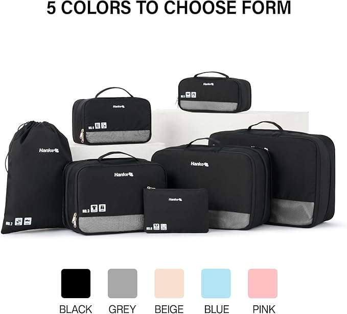 Hanke 7 Set Compression Packing Cubes for Travel, Expandable Large Packing Cubes for Suitcases and Backpack, Luggage Packing Organizer Bags with Double Zipper as Travel Essentials