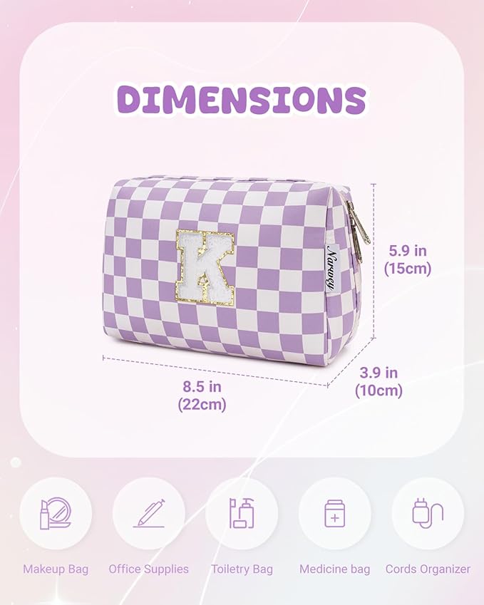 Narwey Birthday Gifts for Women Teen Girls Kids Personalized Initial Makeup Bag Monogram Preppy Cosmetic Bag Trendy Stuff 6 8 10 11 12 13 14 16 18 Years Old Travel Toiletry Bag (Purple K)