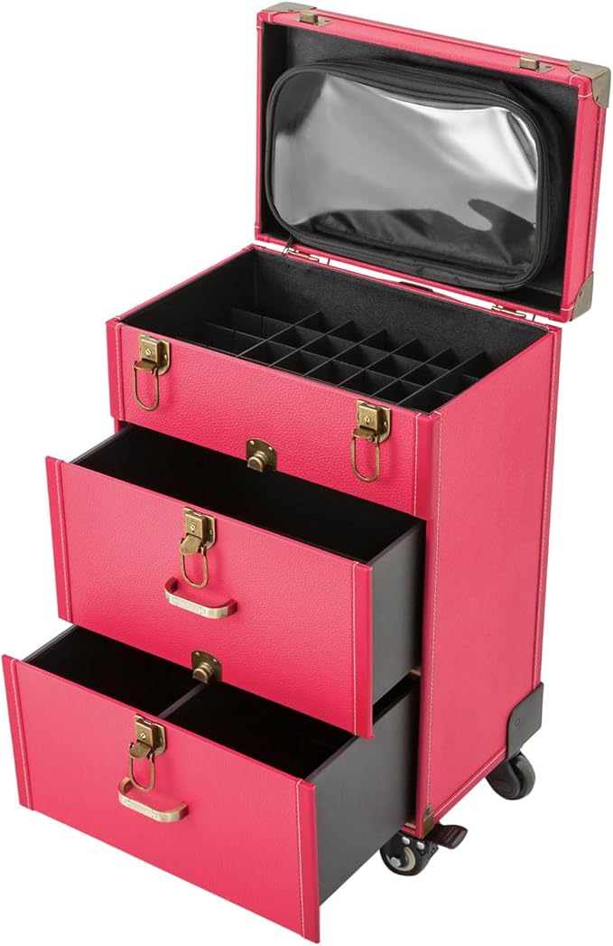 Rolling Makeup Case w/ 2 Keys, 3-tier Lockable Makeup Train Case w/ Drawers, Removable Baffle Nail Polish Organizer, Travel Cosmetic Case w/ 15-34in Telescopic Rod, 14.2*9*39.76in, Bronze Latch+Rose