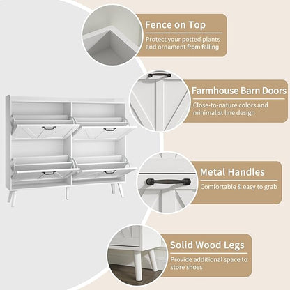 Shoe Cabinet with 4 Flip Drawers, Large Hidden Shoe Storage Cabinet Slim, Freestanding Farmhouse Shoe Organizer Cabinet for Entryway, Narrow Shoe Cabinet with Wooden Legs, White