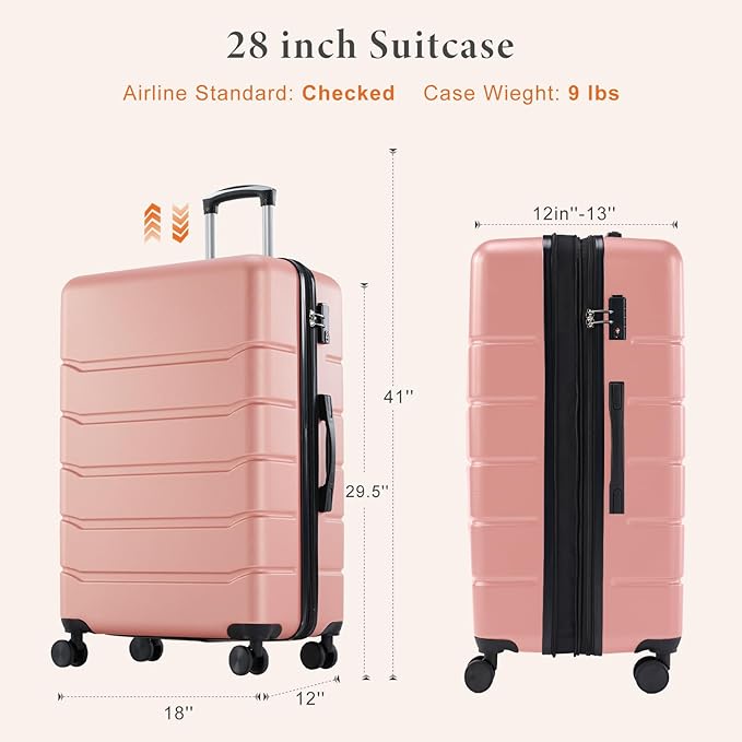 Sweetcrispy Carry on Luggage, Hard Shell ABS Suitcase with Double Spinner Wheels, Lightweight Expandable Rolling Suit Case with TSA Lock, 28 Inch Pale Pink
