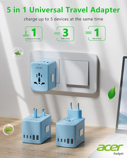 Acer Universal Travel Plug Adapter - International Power Adapter with 5 USB Ports (3 USB C) 5.8A, Worldwide Outlet Charger for USA to European UK France Germany Spain, Type C/E/F/G/I/L/A, Blue