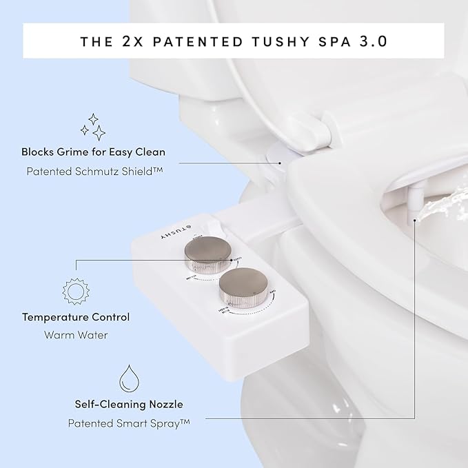 TUSHY Spa Self-Cleaning Warm Water Toilet Bidet Attachment. Adjustable Nozzle, Angle & Pressure Control. Easy DIY Home Install, Requires Sink Access for Optional Warm Water Control. (Biscuit/Platinum)