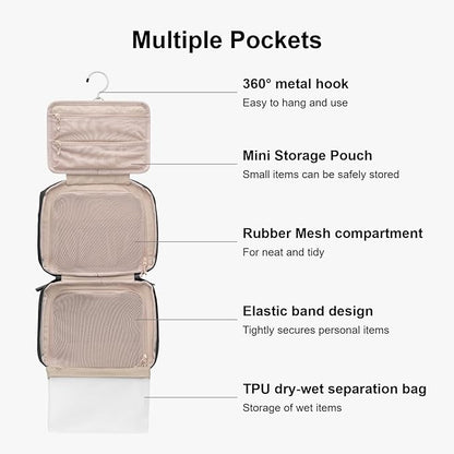 LEVEL8 Travel Toiletry Bag for Women Men, Travel Organizer Water Repellent, Makeup Organizer with Hang Hook for Travel Accessories, Large/Black