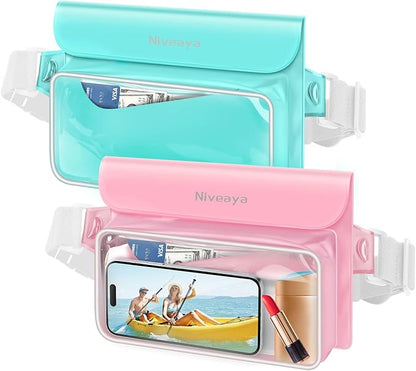 Niveaya IPX8 Waterproof Fanny Pack - 2 Pack, Floating Dry Bag Pouch, Phone Waterproof Waist Pouch Dry Bag, Beach, Kayaking, Swimming, Boat Essentials, for iPhone 17/16/15/14/13/12 Pro Max up to 9.5"