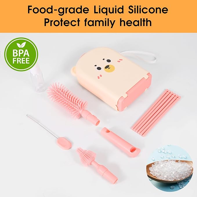 Portable 7-in-1 Baby Bottle Brush Set, Travel Cleaner Kit for Travel and Home, All-in-One Travel Baby Bottle Washing Kit: Integrated Cleaning & Drying System for Bottles and Breast Pump Parts (Pink)