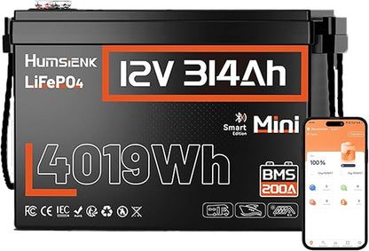 HumsiENK 12V 300Ah (314Ah) LiFePO4 Lithium Battery Mini Size, Bluetooth 200A BMS, 15000+ Deep Cycles, Low-Temp Protection – for RV, Marine, Solar, Off-Grid, Home Backup (Compact & Lightweight)
