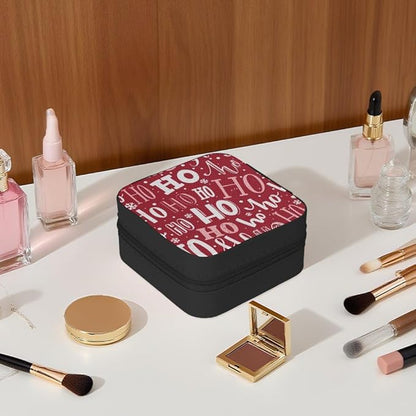 Mini Travel Jewelry Case, Christmas Ho Ho Ho Jewelry Storage Box With Mirror, Pu Leather Small Travel Jewelry Organizer Portable Display Storage Box Gift for Rings, Earrings, Necklaces