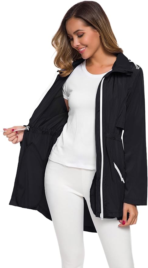 Avoogue Women's Long Raincoat with Hood Outdoor Lightweight Windbreaker Rain Jacket Waterproof