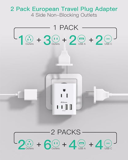 2 Pack European Travel Plug Adapter, International Power Adapter with 4 Outlets 4 USB C Ports (2 USB C), Type C Adapter for US to Most of Europe EU Italy Spain Greece Portugal France Germany