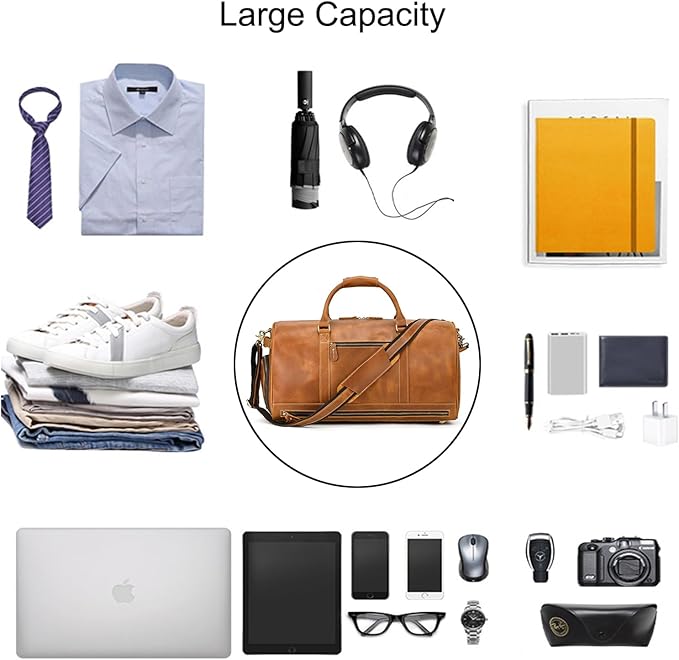 Full-grain Leather Travel Bag Large Capacity Duffel Luggage Bag with Shoe Compartment, Men Weekend Overnight Bag for Business Holiday Trip, Light Brown
