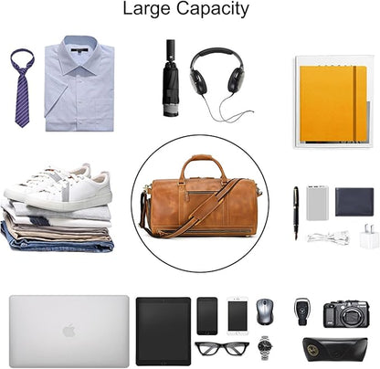 Full-grain Leather Travel Bag Large Capacity Duffel Luggage Bag with Shoe Compartment, Men Weekend Overnight Bag for Business Holiday Trip, Light Brown