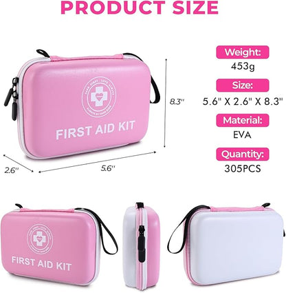 Premium First Aid Kit - 305 Piece Dual-Color Emergency Kit with Hard Shell & Fluorescent Interior Coating, Compact Survival Kit for Home, Car, Travel, Hiking & Outdoor (Pink/White)