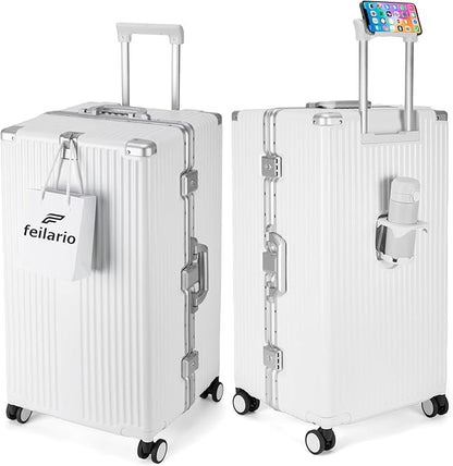feilario 29in Super Large Captain Aluminum Frame Hardside Spinner Wheels Luggage, Removable Wheels Zipperless Checked Suitcase with Cup Holder/Phone Holder