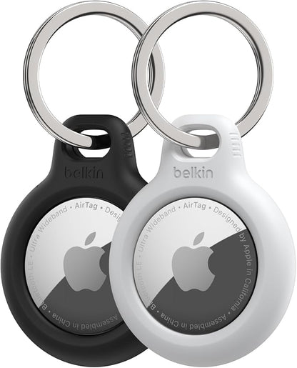 Belkin AirTag Secure Holder Case - Durable Scratch Resistant with Key Ring - Protective AirTag Accessory For Keys, Pets, Luggage - 2-Pack Black & White