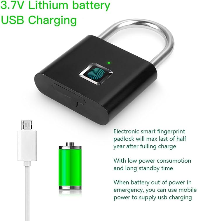 Fingerprint Padlock,AICase Ultra Light One Touch Open Fingerprint Lock with USB Charging for Gym, Sports, School Employee Locker,Fence, Suitcase,Bike No App, No Bluetooth，No Trouble