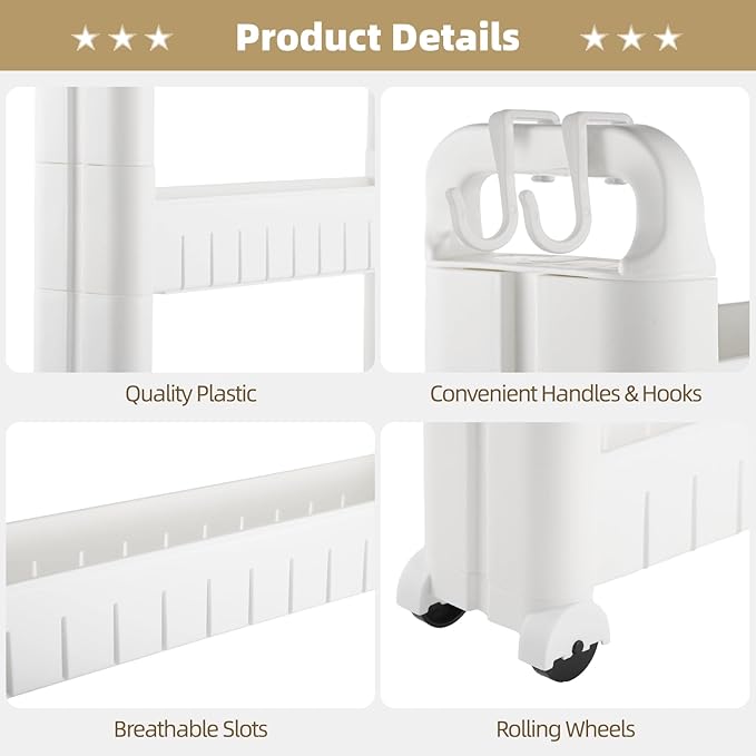 4 Tiers Slim Rolling Storage Cart, 3.5 in Slim Slide Out Bathroom Organizer Cart, Tiered Storage Rack with Wheels, Narrow Mobile Utility Cart for Laundry Room, Kitchen, Office, Sturdy Room