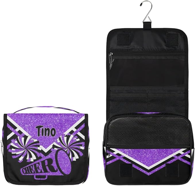 Personalized Hanging Toiletry Bag for Women, Cheerleading Large Capacity Travel Custom Name For Mothers Day, Birthday, Anniversary, Wedding, Purple Black Glitters
